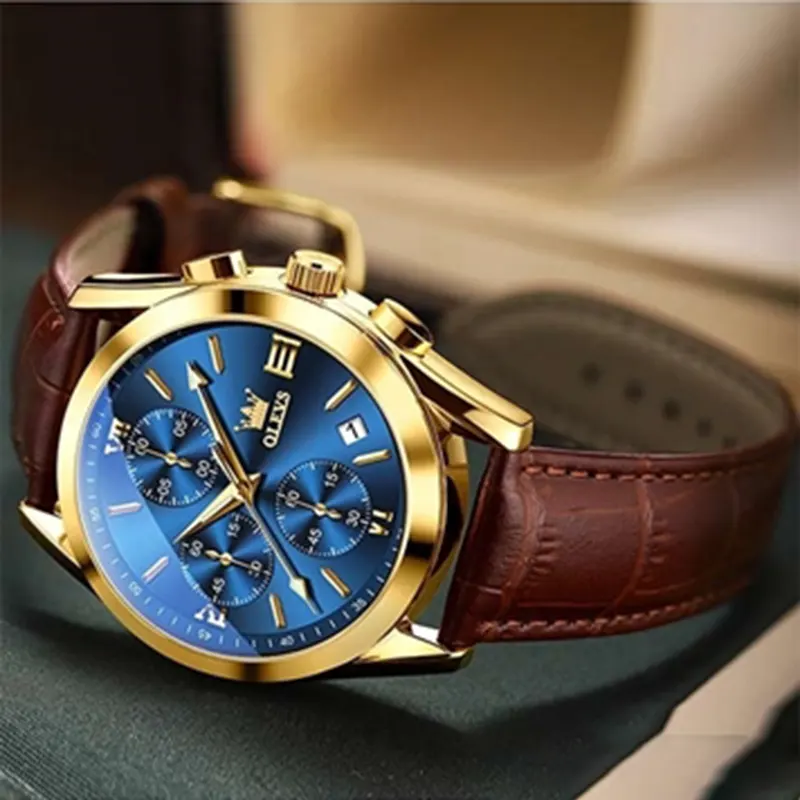 OLEVS 2872 Men's Chronograph Blue Dial Leather Watch